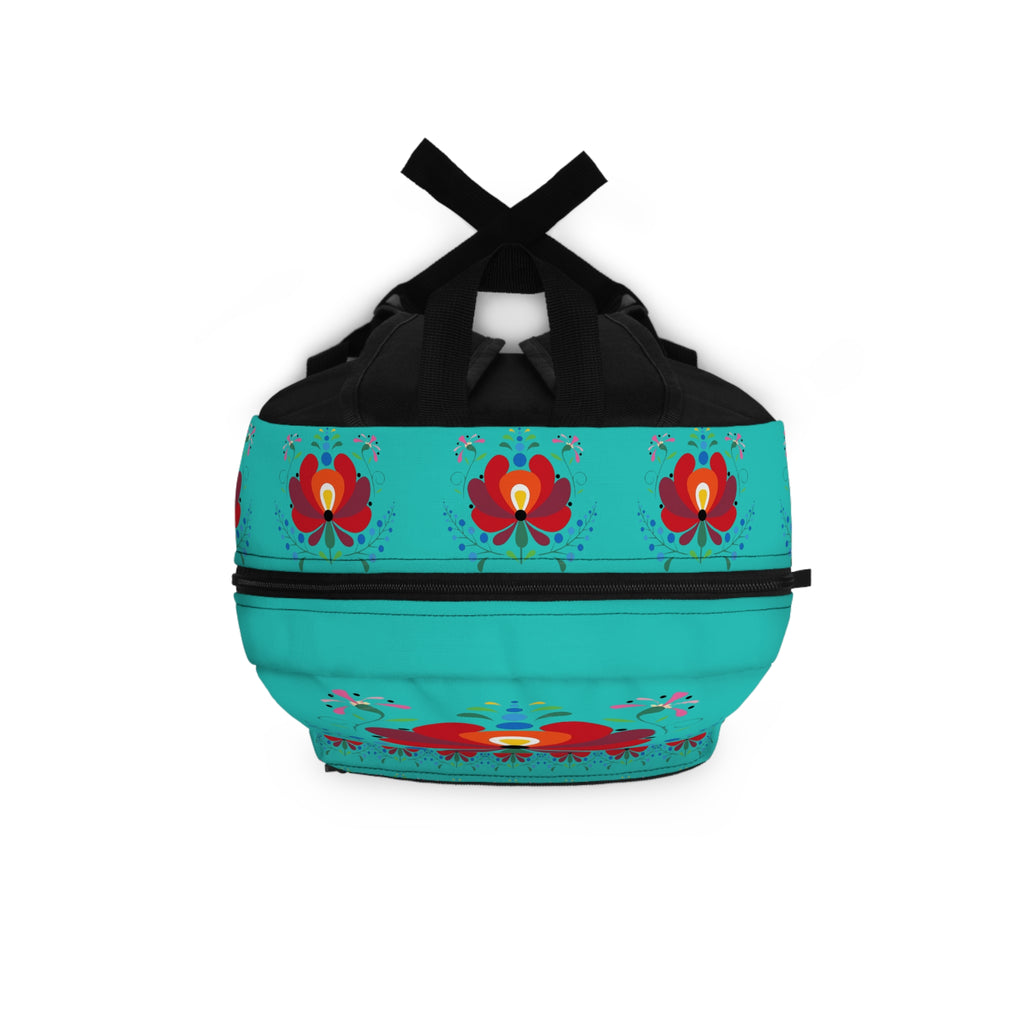 Floral Folk Art Backpack — Vibrant Teal Flower Print School & Daypack