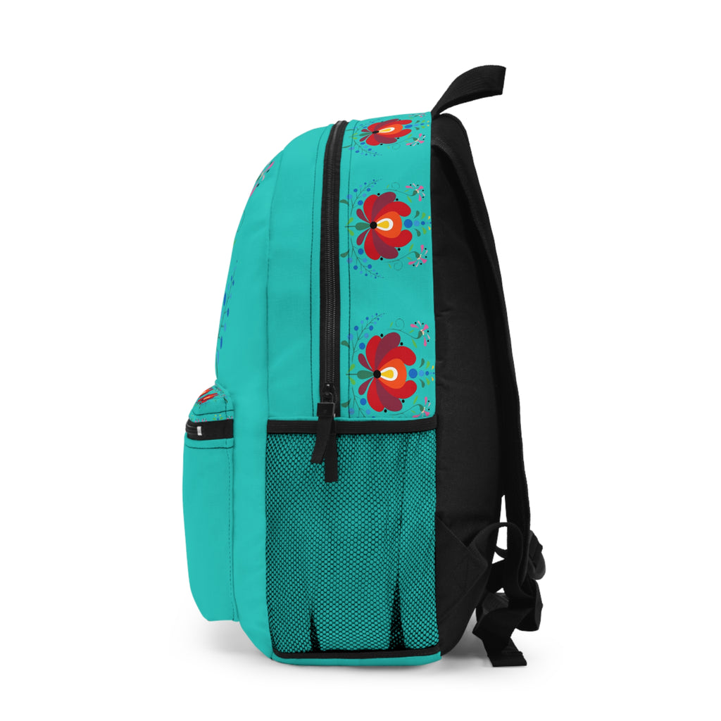 Floral Folk Art Backpack — Vibrant Teal Flower Print School & Daypack