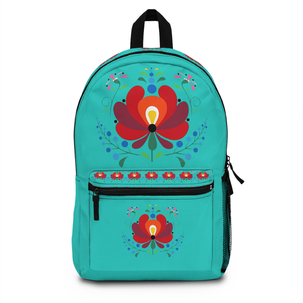 Floral Folk Art Backpack — Vibrant Teal Flower Print School & Daypack