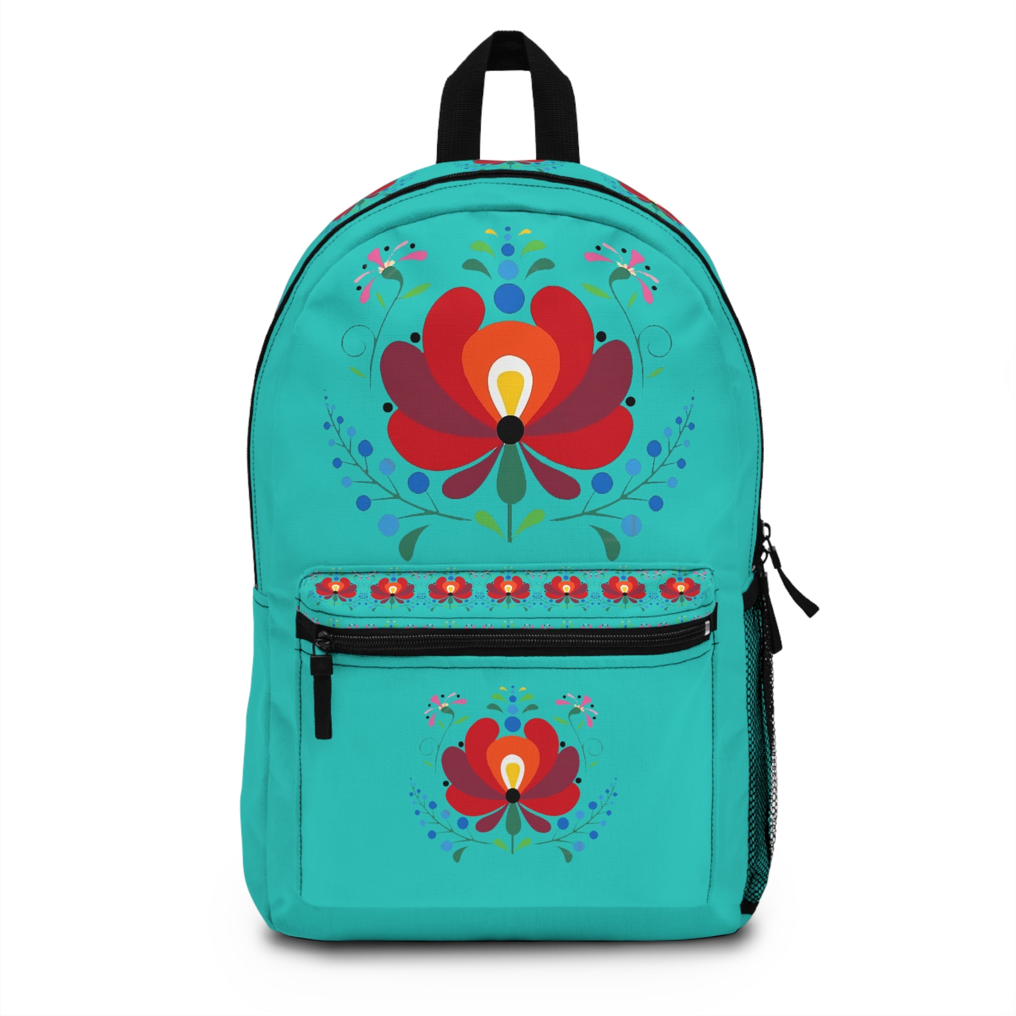 Floral Folk Art Backpack — Vibrant Teal Flower Print School & Daypack
