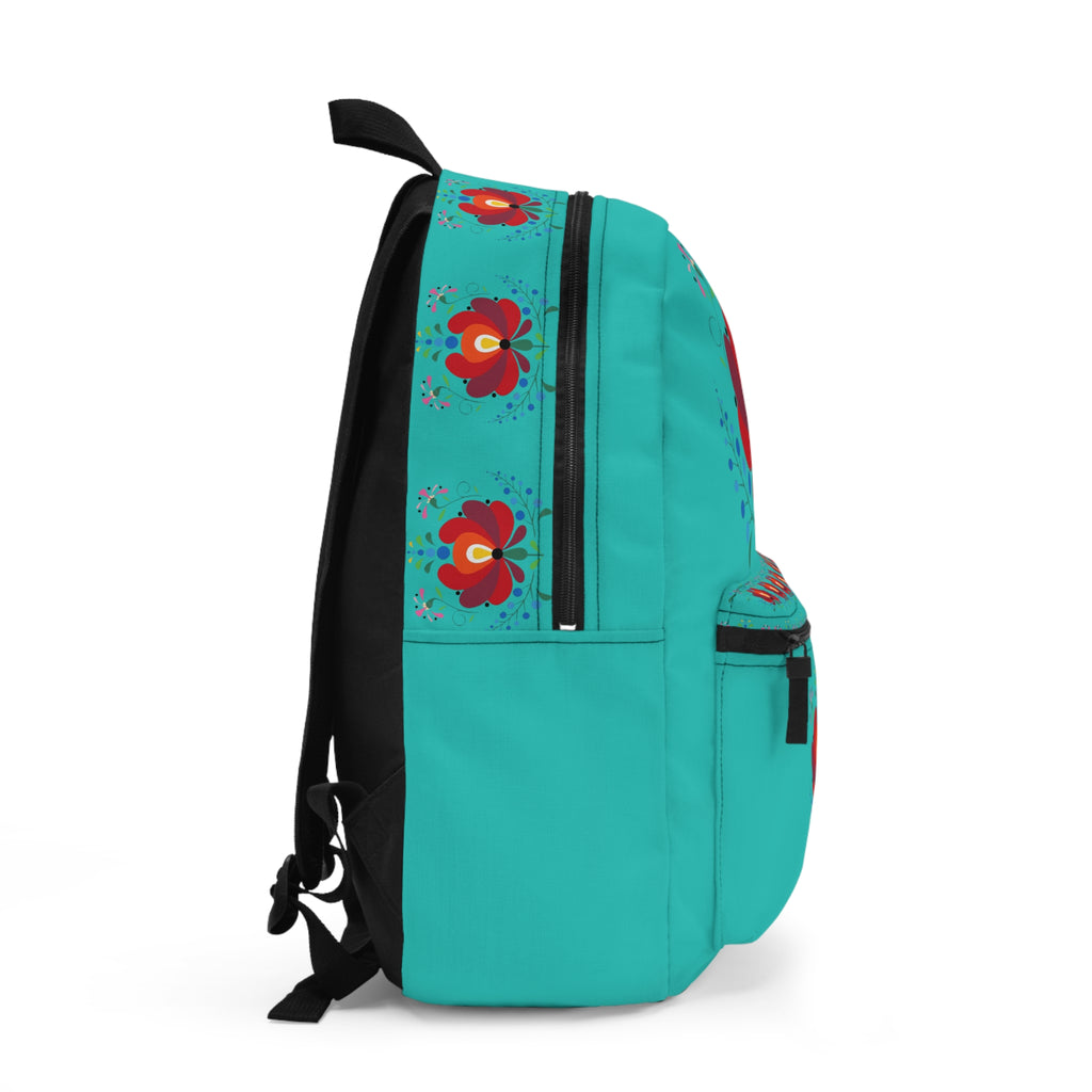Floral Folk Art Backpack — Vibrant Teal Flower Print School & Daypack